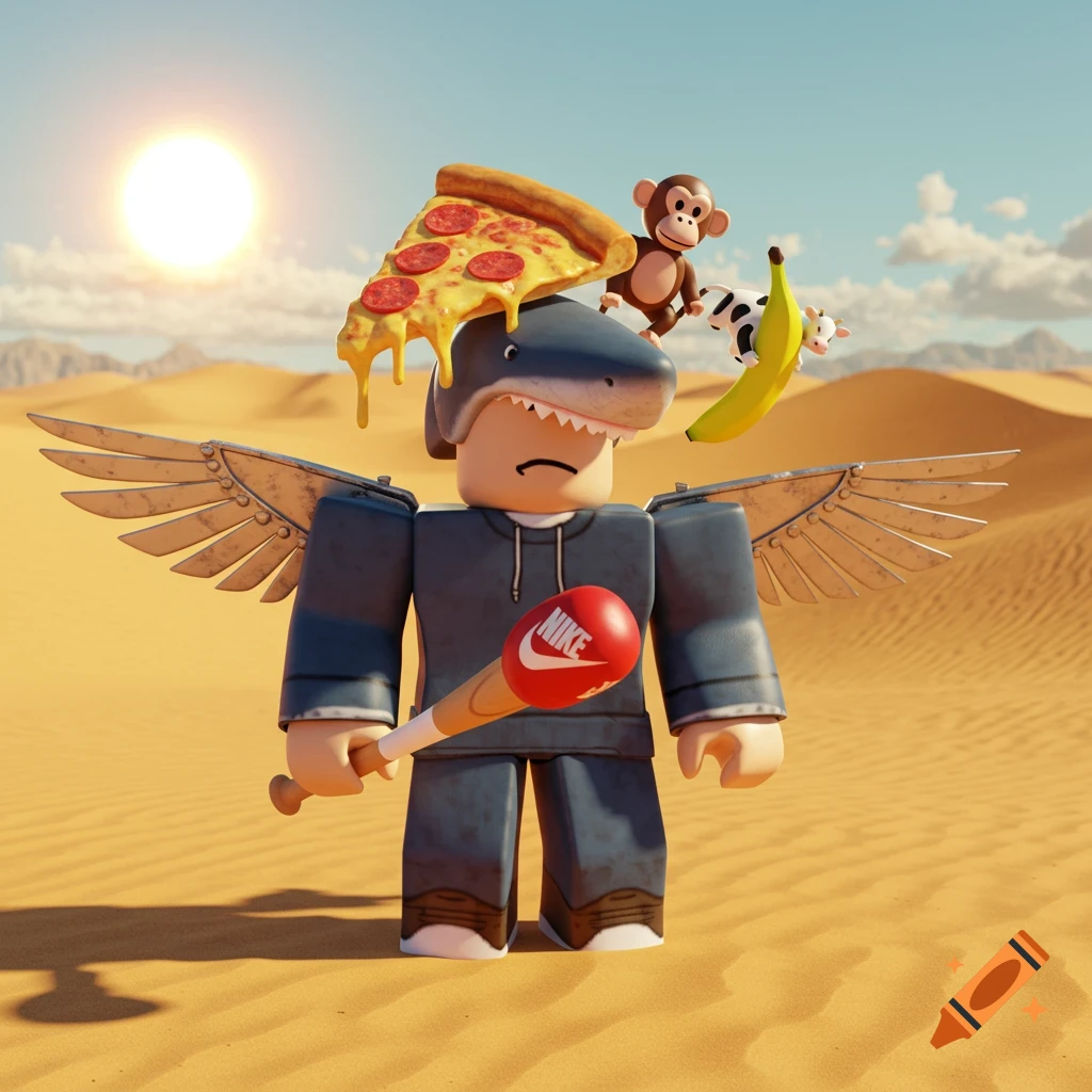 A 3D rendered Roblox character with a shark hat and metal wings holds a bat in a desert, with pizza on its head and a monkey, cow, and banana floating nearby.