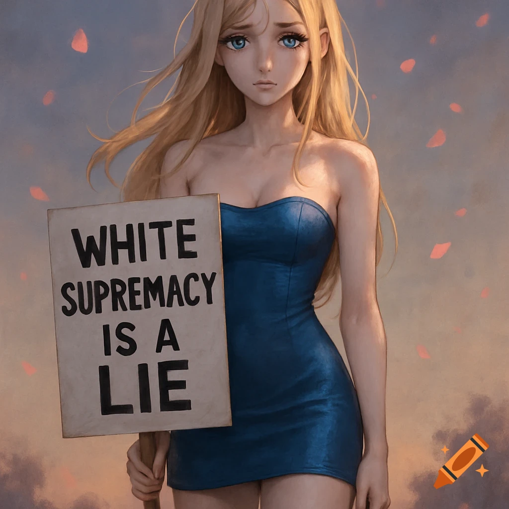 An anime woman with long blond hair and blue eyes, wearing a blue strapless dress, holding a sign that reads 'WHITE SUPREMACY IS A LIE'.