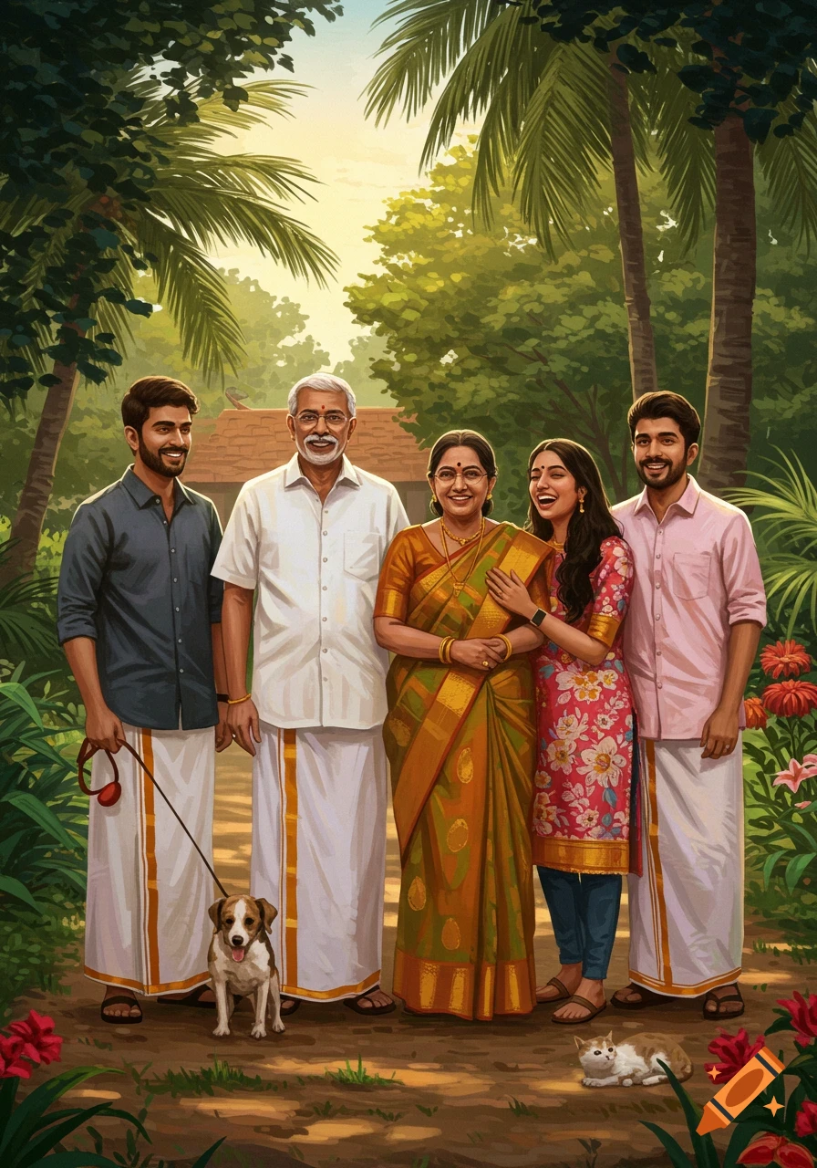 An illustrative portrait of an Indian family wearing traditional attire, with a dog and a cat, standing in a lush tropical garden.