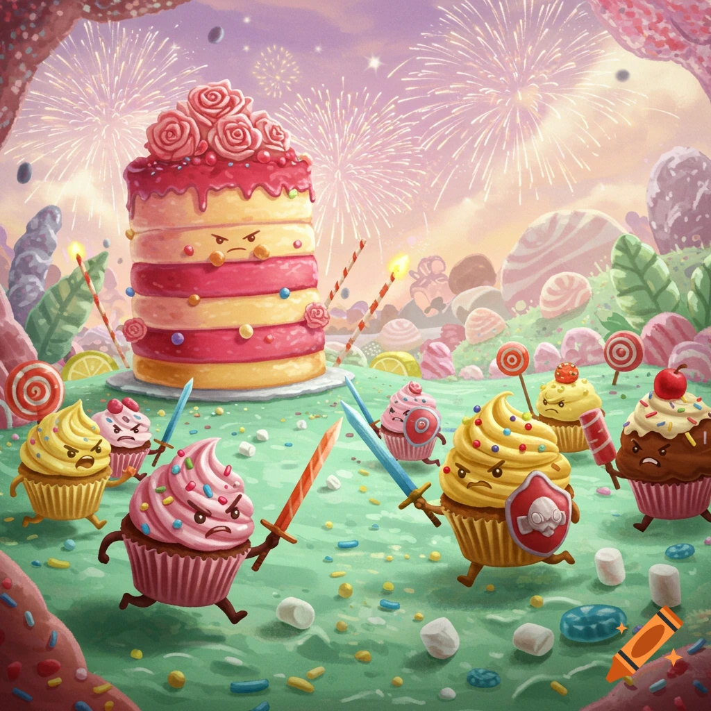 Anthropomorphic cupcakes battle a large cake in a vibrant candy land under fireworks.