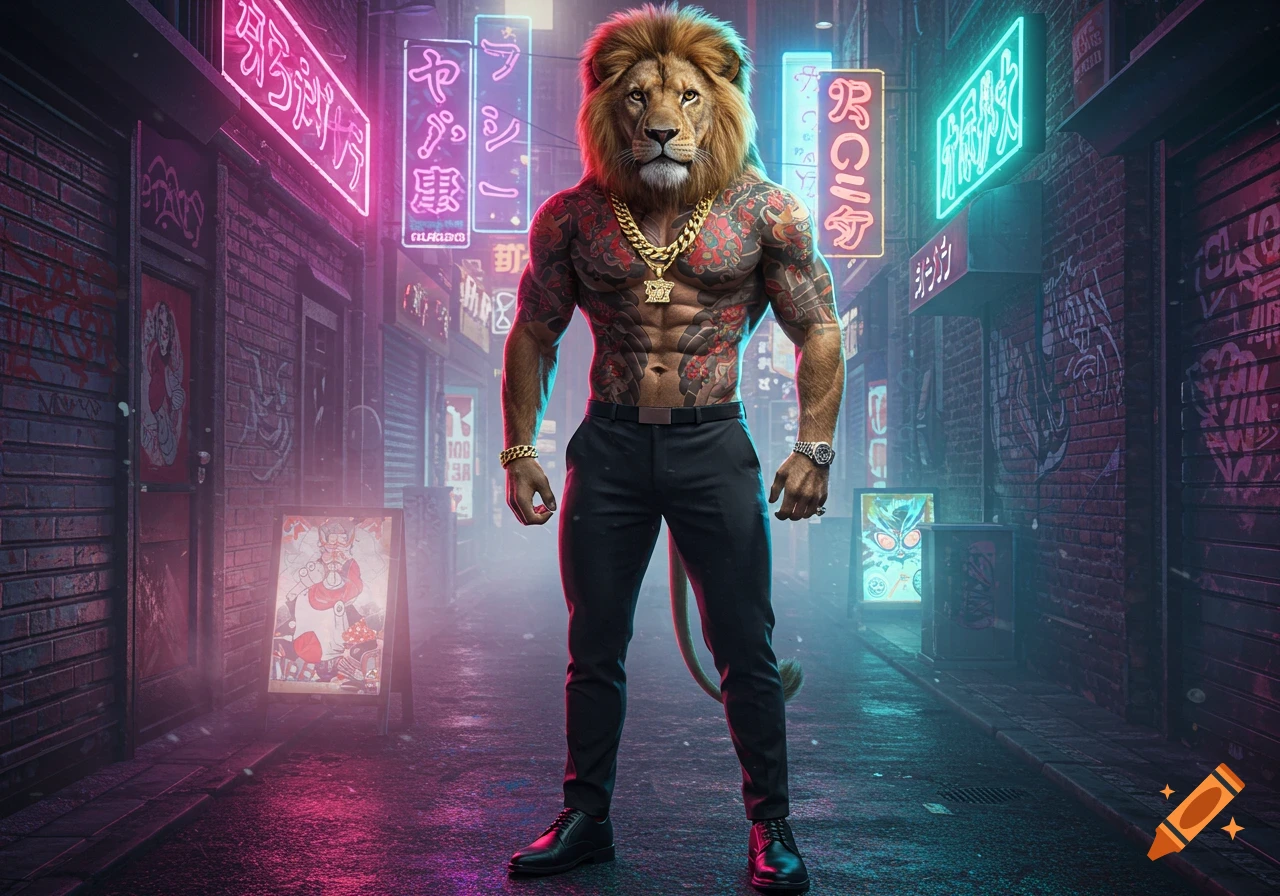 A muscular lion with tattoos, a gold chain, and a watch stands in a neon-lit urban alley at night, wearing black pants and shoes.