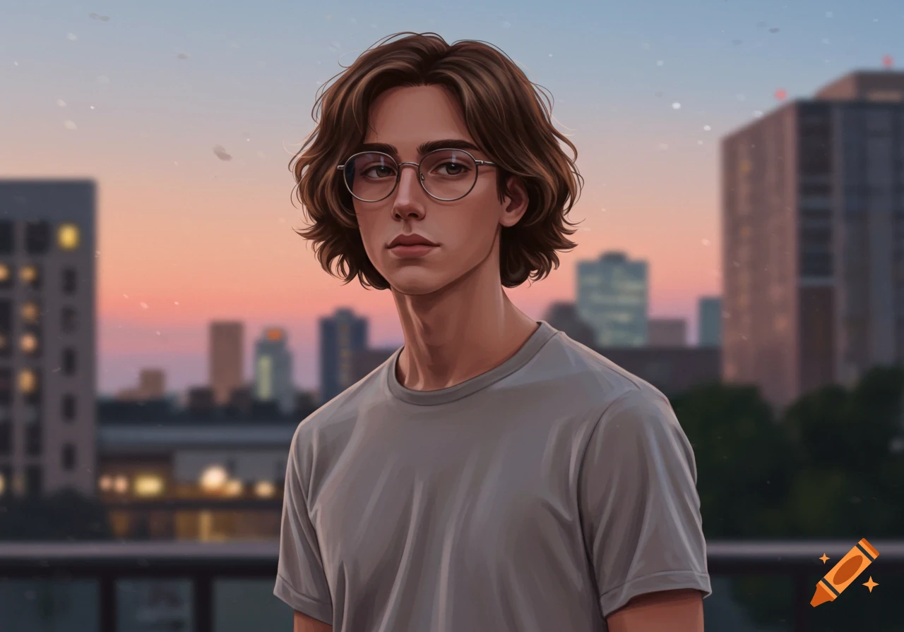 Digital art portrait of a young man with brown wavy hair and glasses, wearing a gray t-shirt, against a sunset cityscape.