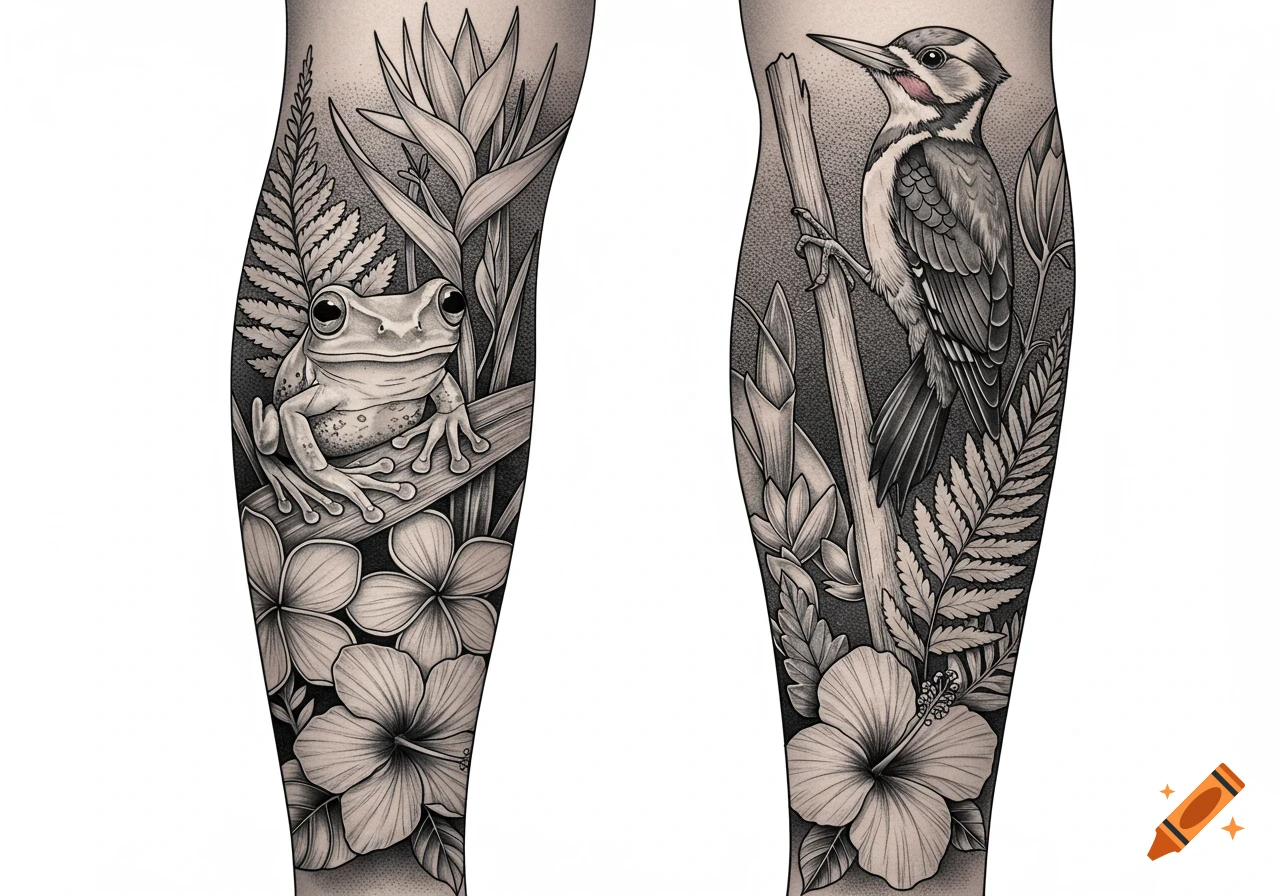 Two black and white leg tattoos feature a coqui frog among tropical plants and flowers, and a Puerto Rican woodpecker with similar flora.