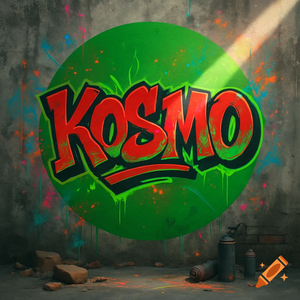 Graffiti art of 'KOSMO' in red and green bold letters on a concrete wall with paint splatters and spray cans.