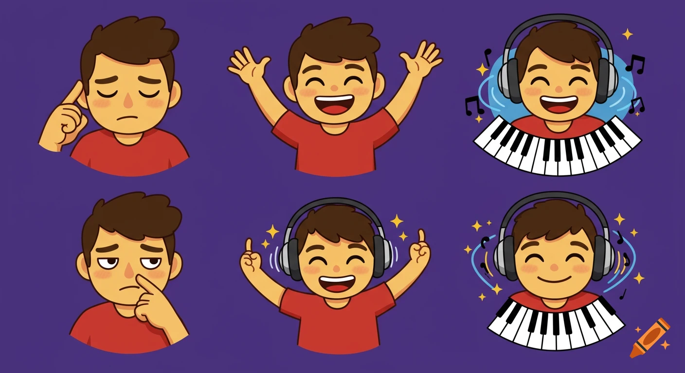 Six cartoon boy emojis on a purple background depicting different emotions: thinking, happy with raised arms, listening to music with headphones and piano keys, sad, joyful with headphones, and happily listening to music with headphones and piano keys.