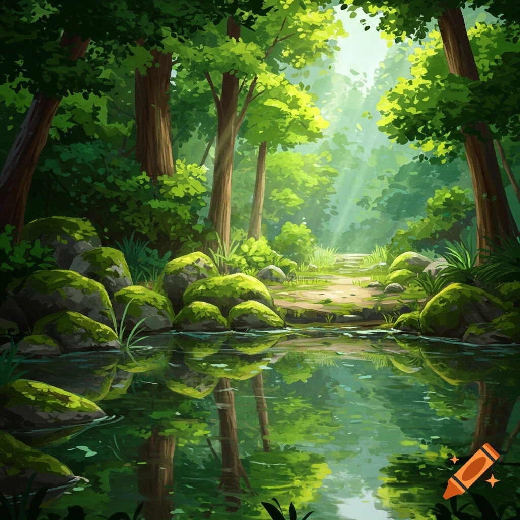 A vibrant, lush green forest path leads to a bright clearing, with trees and mossy rocks reflected in a still pond.