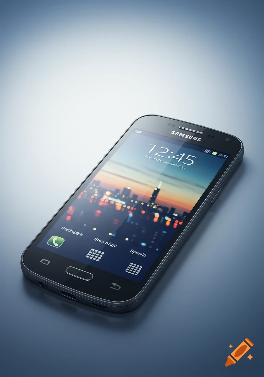 A photorealistic image of a black Samsung Galaxy smartphone with a blurred city skyline wallpaper, displaying the time 12:45 and various app icons.