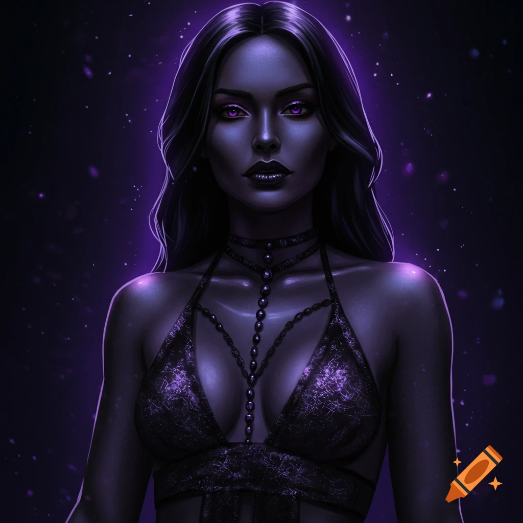 A striking portrait of a woman with dark skin, glowing purple eyes, and black hair, wearing a dark purple sleeveless top and beaded accessories. She is set against a dark, starry purple background.