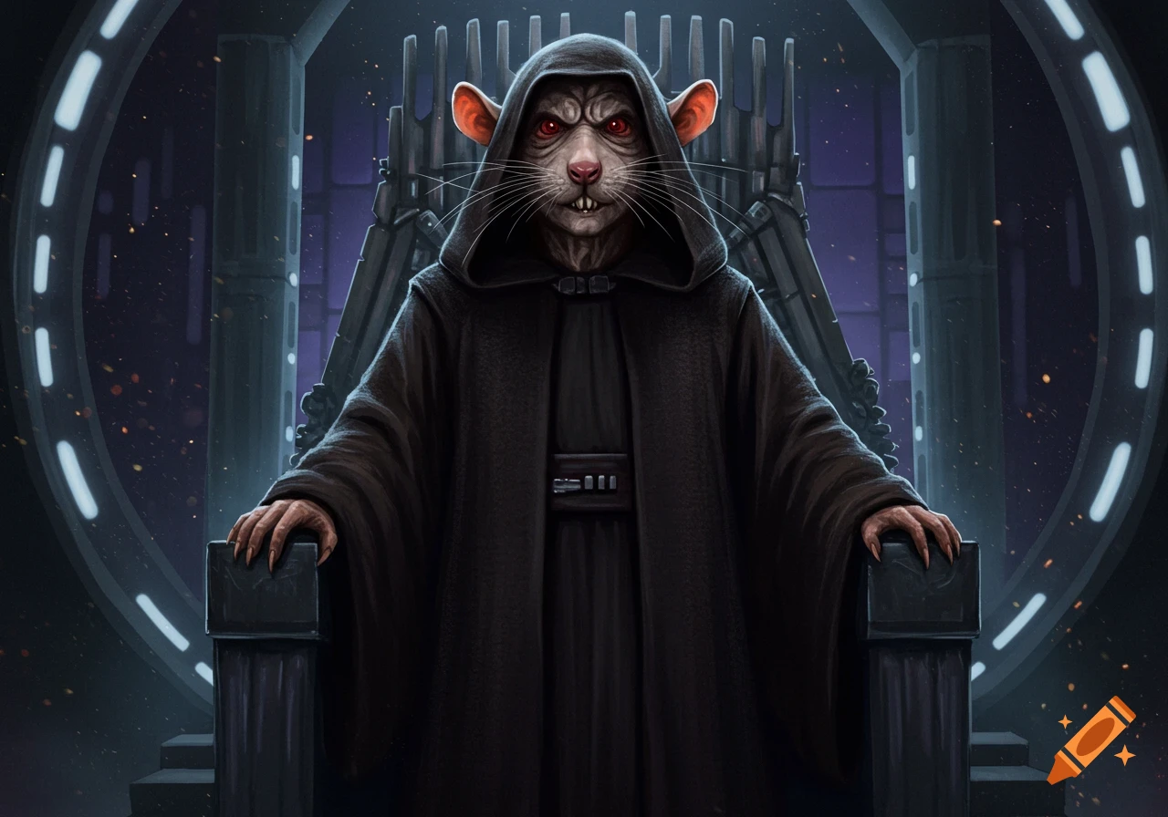 A rat-faced creature in a black hooded robe sits on a dark throne in a sci-fi setting, resembling Emperor Palpatine.