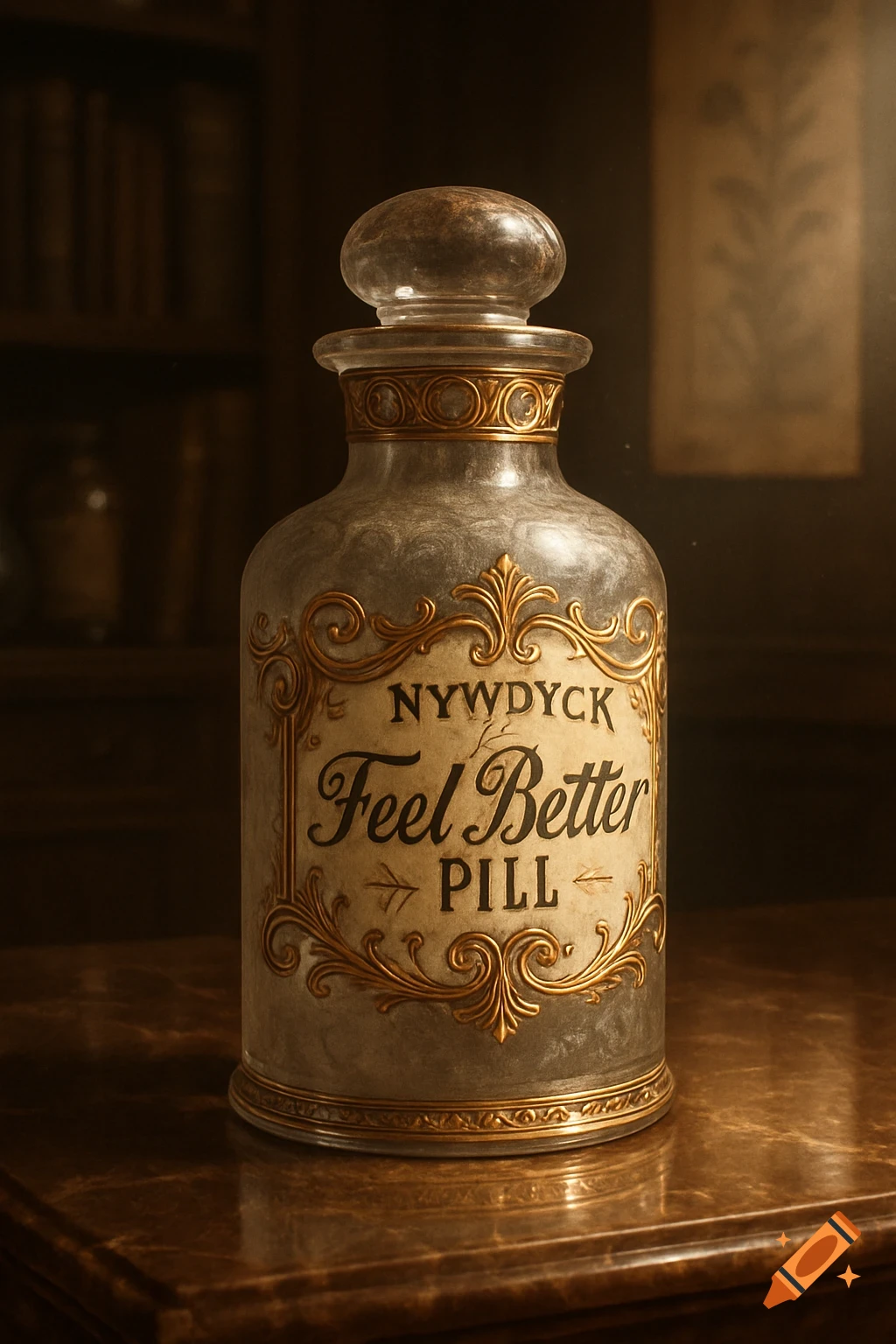 A vintage-style medicine bottle labeled "NYWDYCK Feel Better PILL" on a polished wooden surface in a dimly lit room.