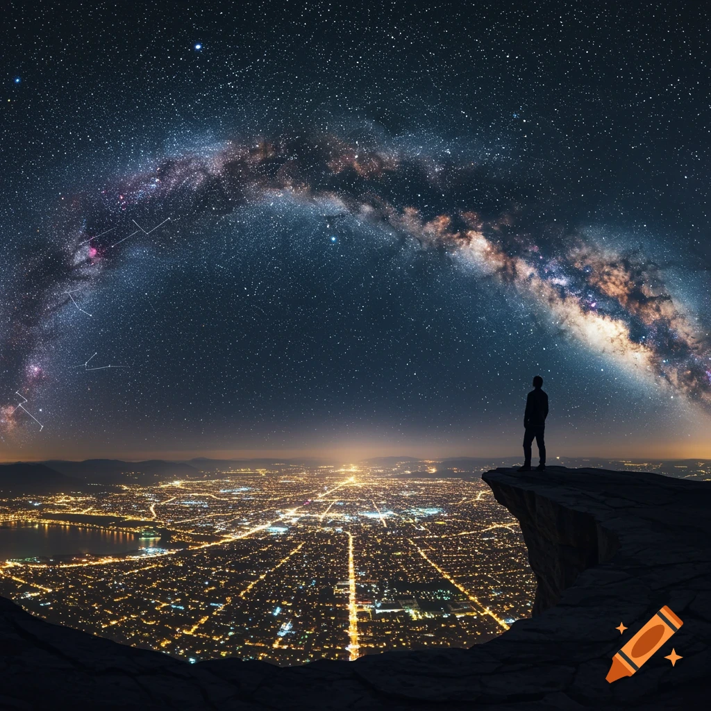 Silhouette of a man standing on a cliff overlooking an illuminated city under a starry night sky with the Milky Way.