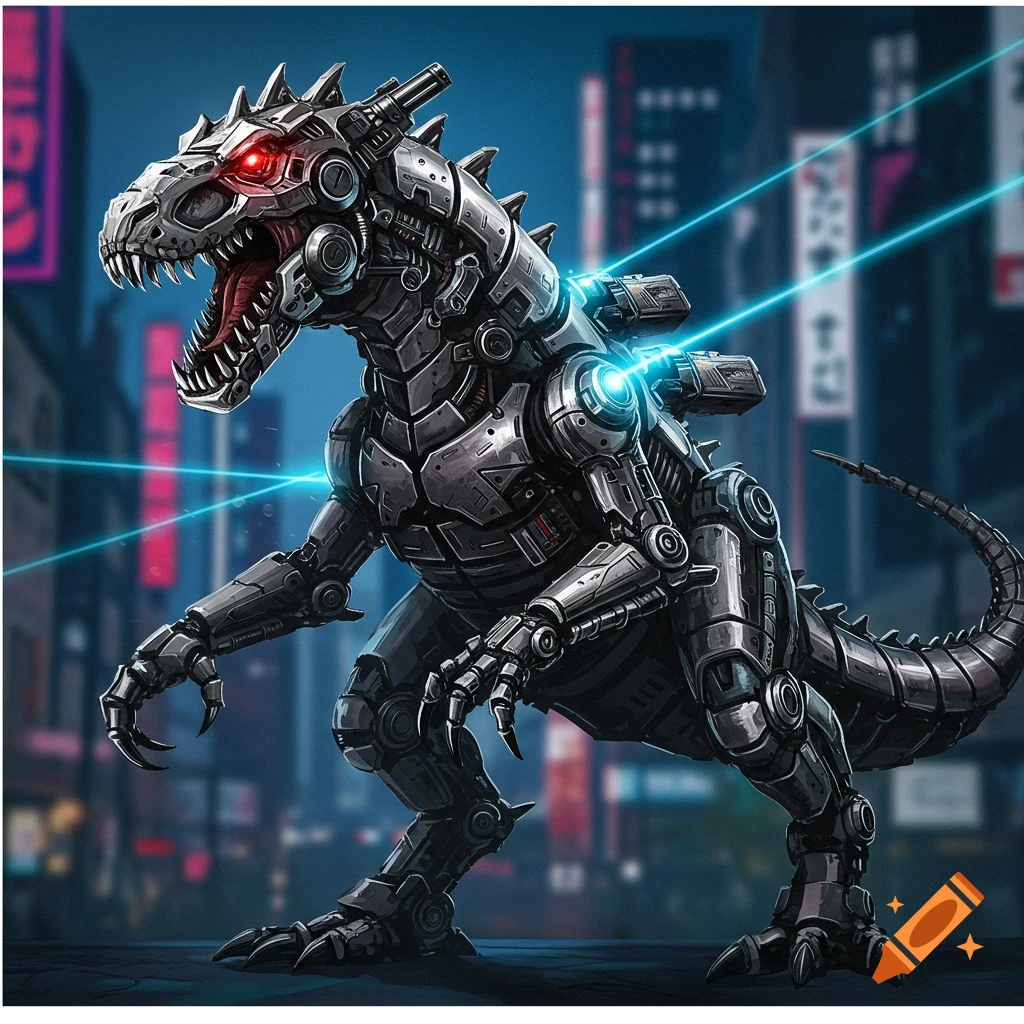 A detailed robotic dinosaur with glowing red eyes and blue lasers on its back stands in a futuristic city at night.