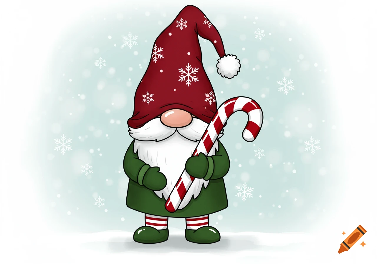 A cute cartoon Christmas gnome wearing a red hat with snowflakes and a green coat, holding a candy cane, standing in snow.