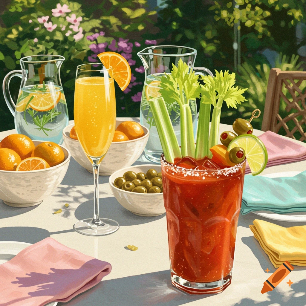 A mimosa and a Bloody Mary on an outdoor table with bowls of oranges and olives in a garden setting.