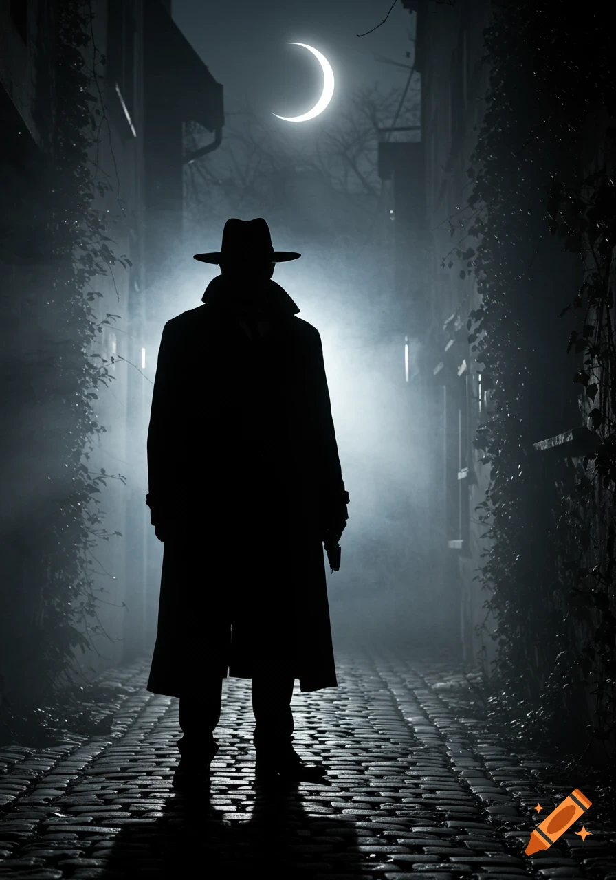 A dramatic silhouette of a person in a trench coat and fedora standing in a dark, foggy alley under a crescent moon at night.