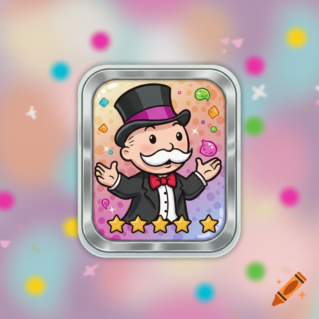 A cartoon character resembling Mr. Monopoly in a top hat and tuxedo, standing in a shiny silver-framed game card with colorful background and golden stars.