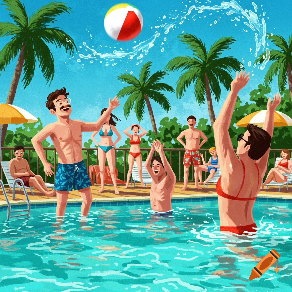 An illustration of adults playing volleyball in a vibrant outdoor swimming pool on a sunny day with palm trees.