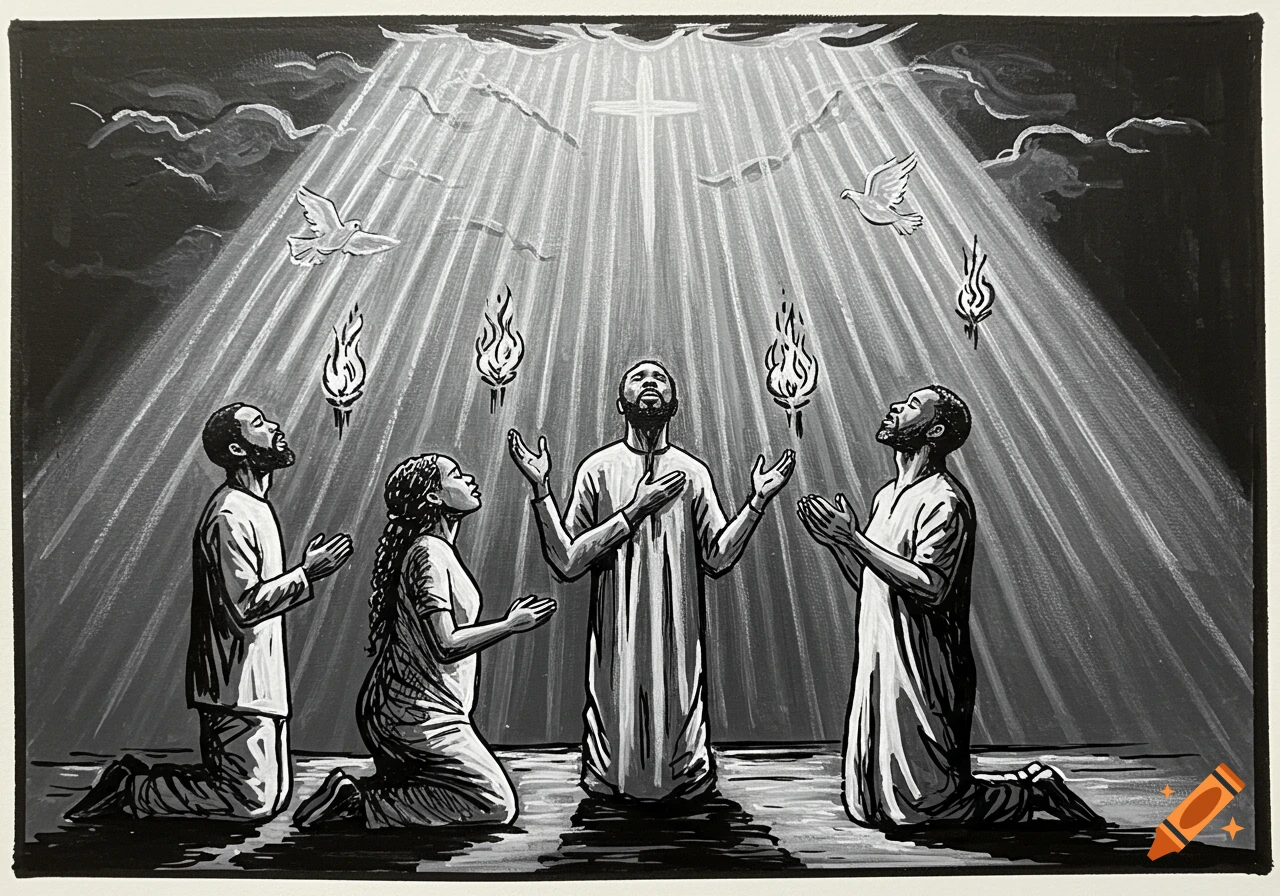A black and white sketch of four people kneeling in prayer with hands lifted, receiving light beams from above with doves, flames, and a cross.