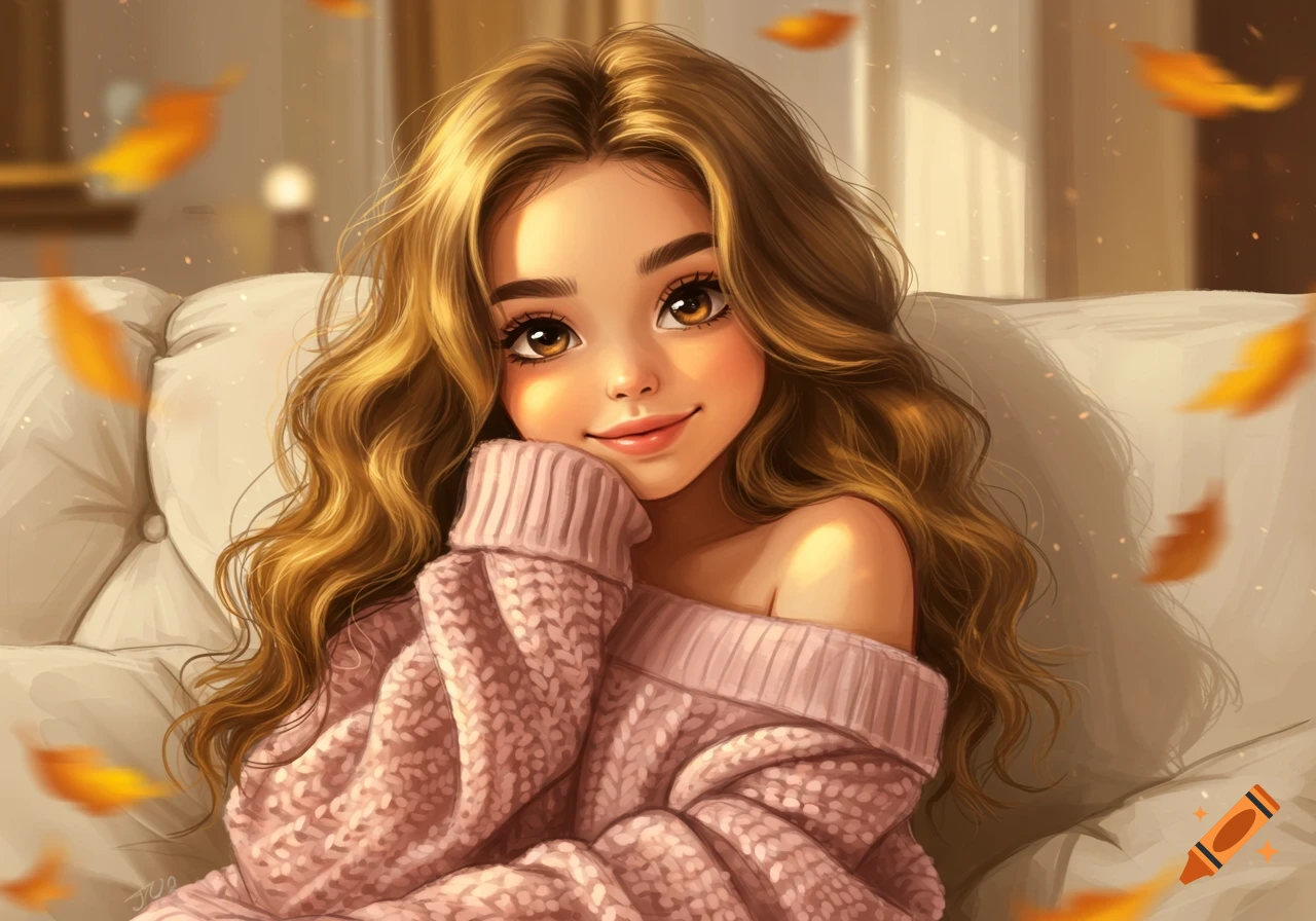 Stylized illustration of a cute girl with long wavy honey-brown hair and a pink sweater, smiling on a sofa with falling autumn leaves.