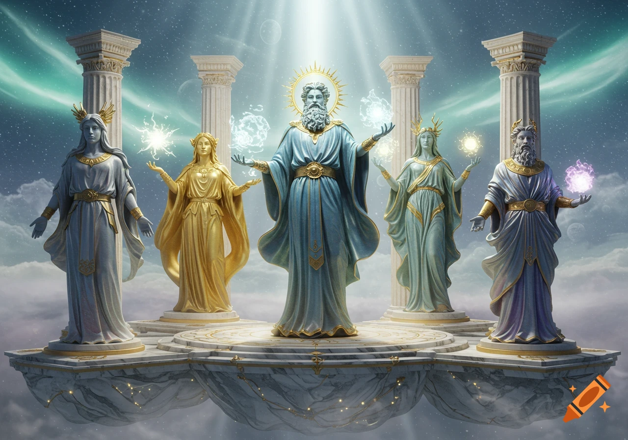 Five detailed statues of gods and goddesses, glowing with light, stand on a floating marble platform with pillars under a starry, cloudy sky.