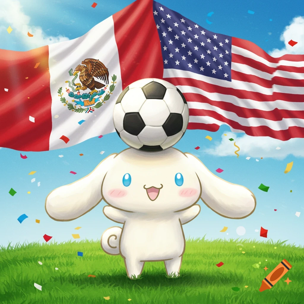 Cinnamoroll balancing a soccer ball on its head with Mexican and USA flags and confetti in the background.