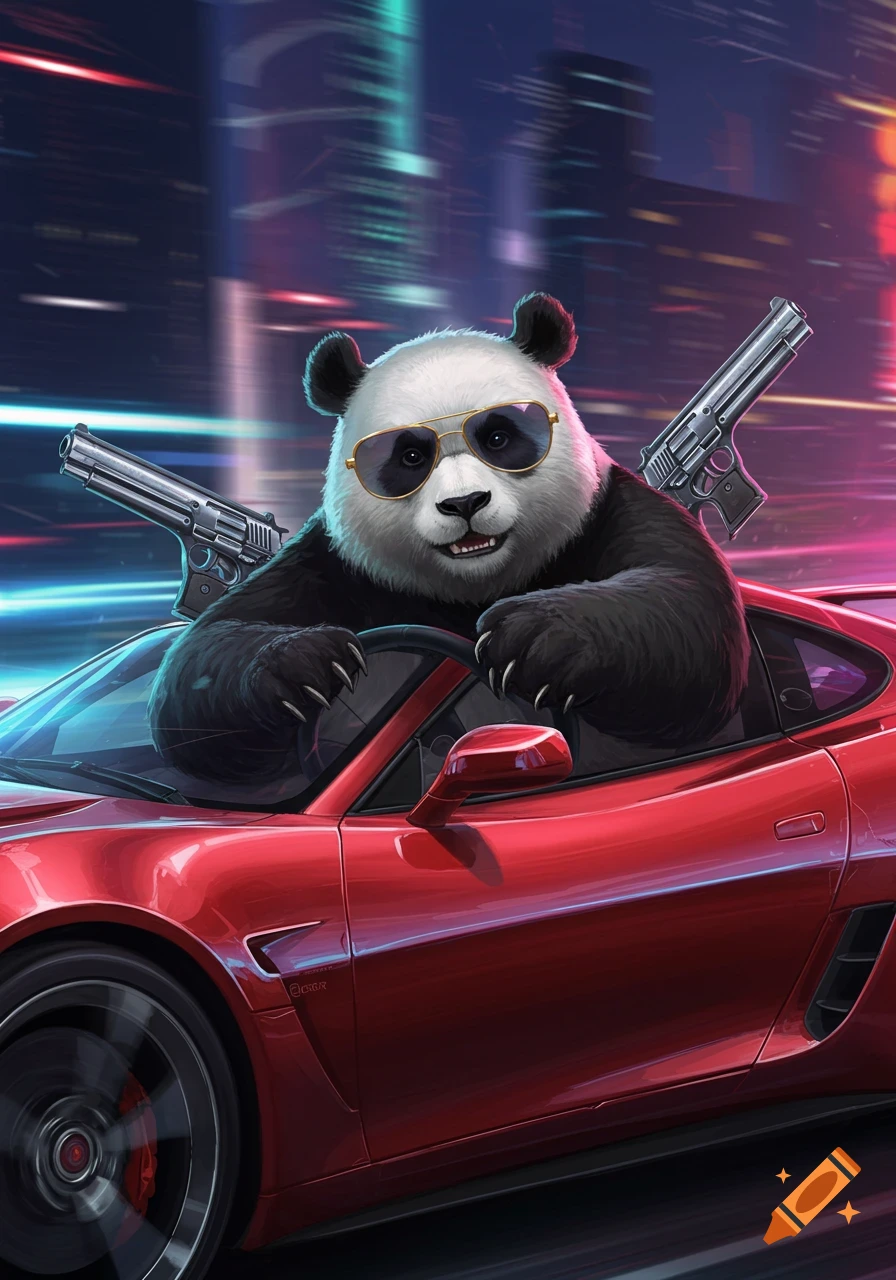 A cool panda wearing sunglasses drives a red sports car through a neon-lit city street at night, with two guns propped in the back.