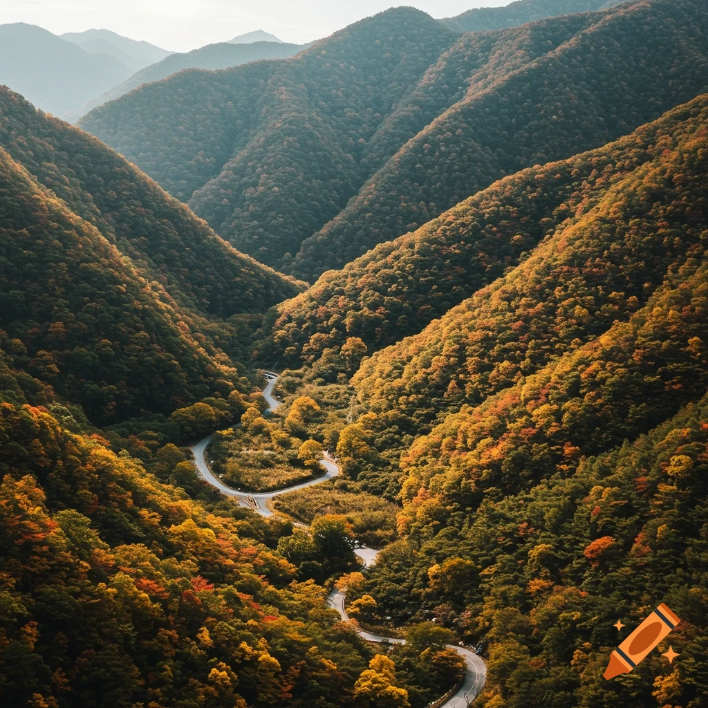 A winding road snakes through a vibrant autumn mountain valley filled with colorful trees under a clear sky, photorealistic.