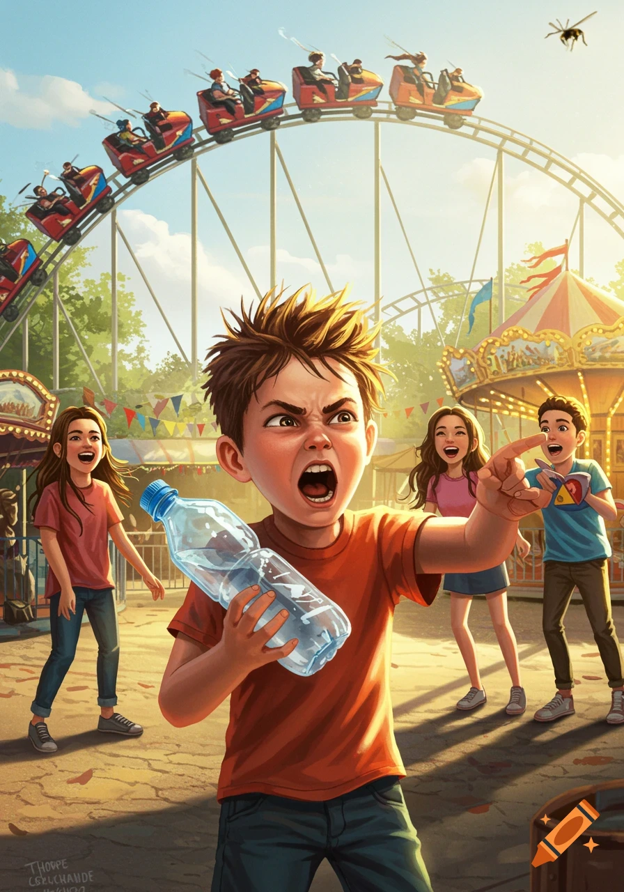 An angry boy aims a water bottle at a wasp in an illustrated amusement park with laughing friends and a roller coaster.