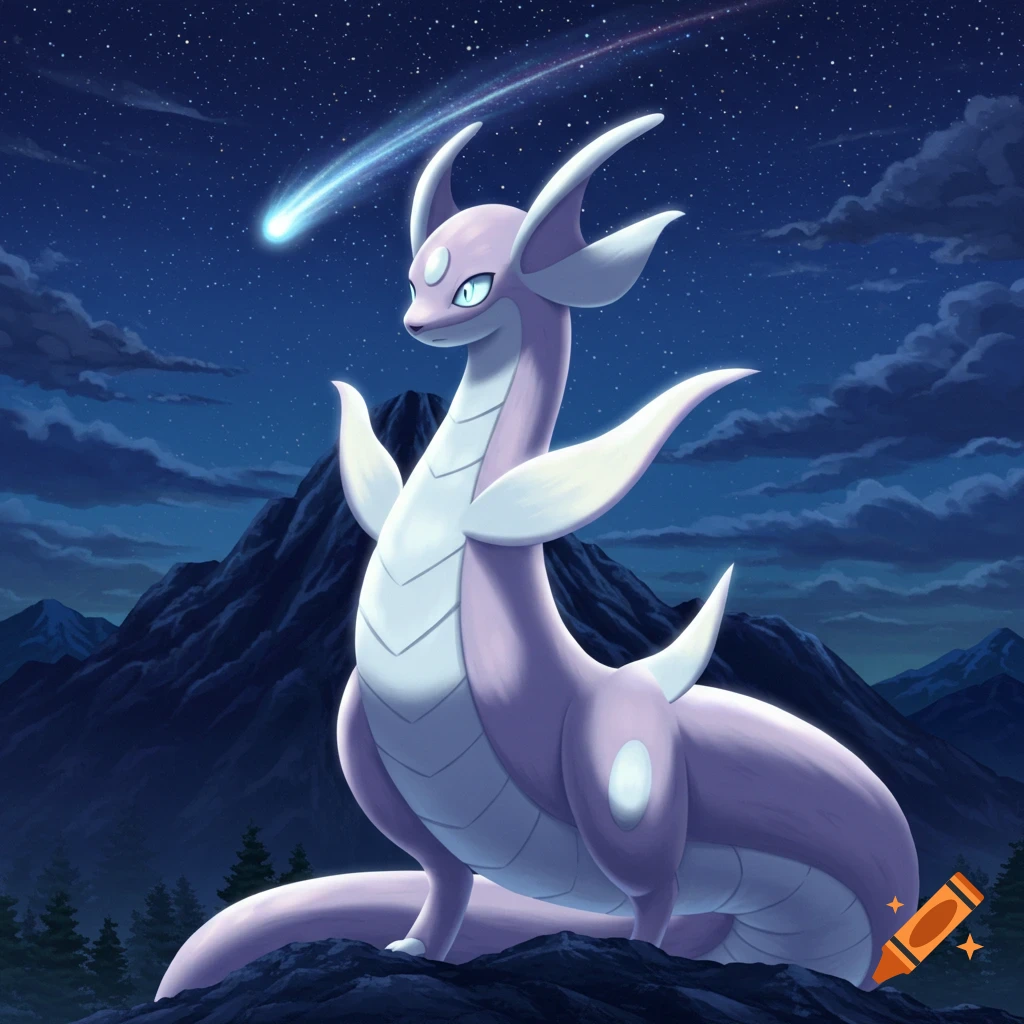 A lilac and white dragon-like Pokémon with wing-like fins stands on a mountain under a starry night sky with a comet.