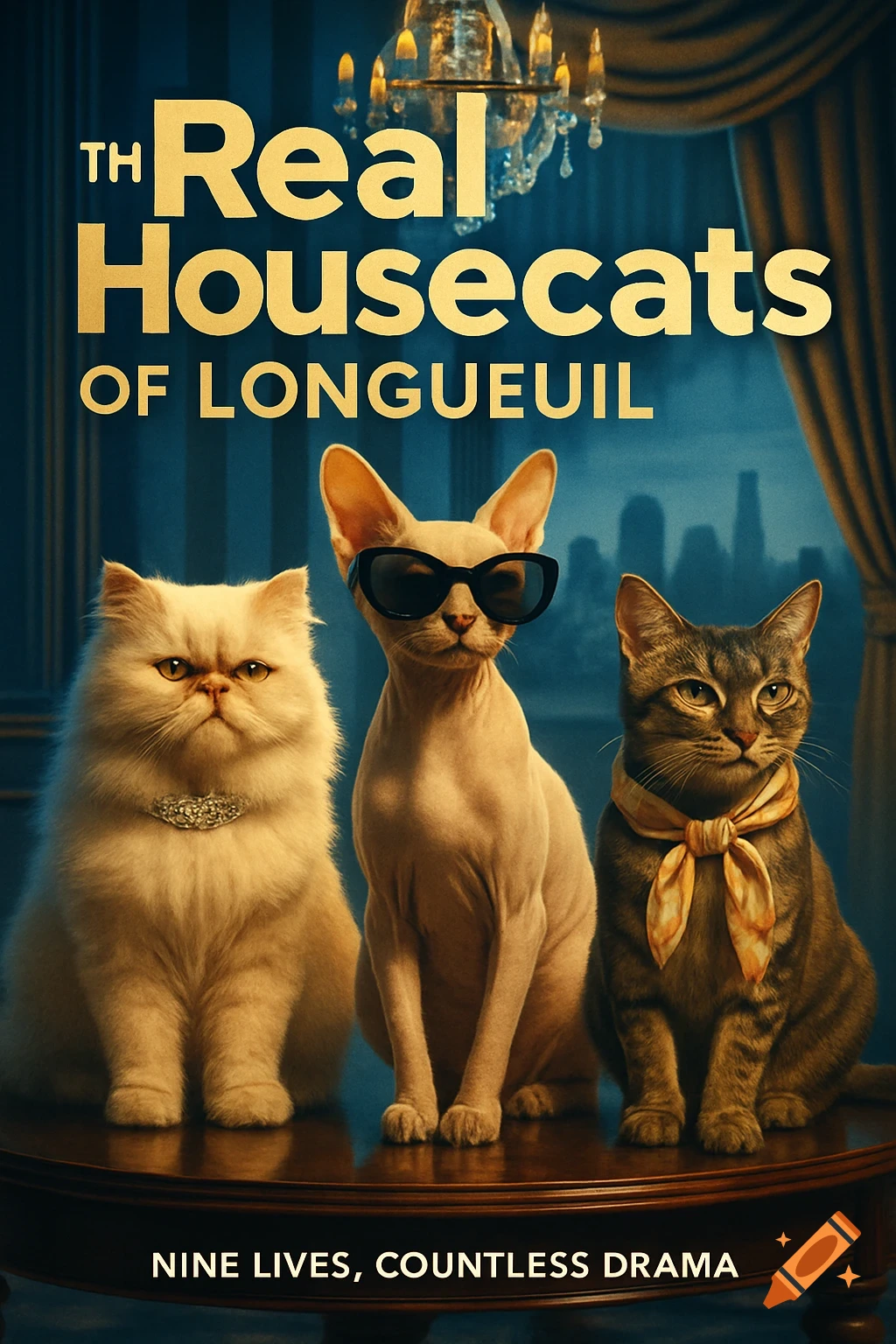 A dramatic movie poster featuring three housecats posing like reality TV stars. Text reads 'TH Real Housecats OF LONGUEUIL' and 'NINE LIVES, COUNTLESS DRAMA'.