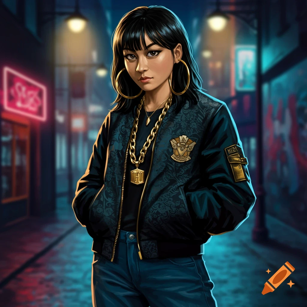 A young woman with dark hair and bangs, wearing a dark patterned bomber jacket, large gold hoop earrings, and a thick gold chain, stands in a neon-lit urban alleyway.
