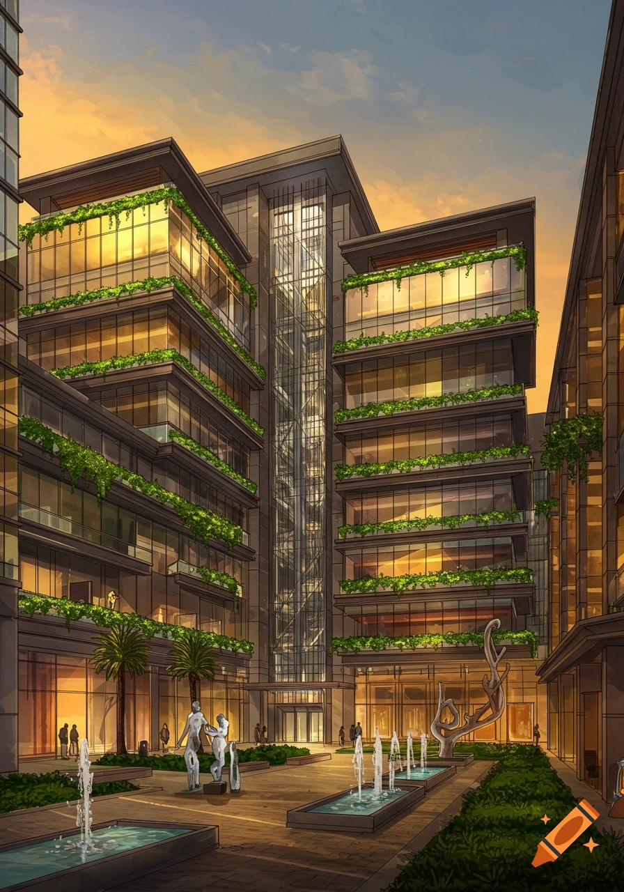 Modern building complex with glass facades, green balconies, a courtyard with fountains, and statues under an orange sky.