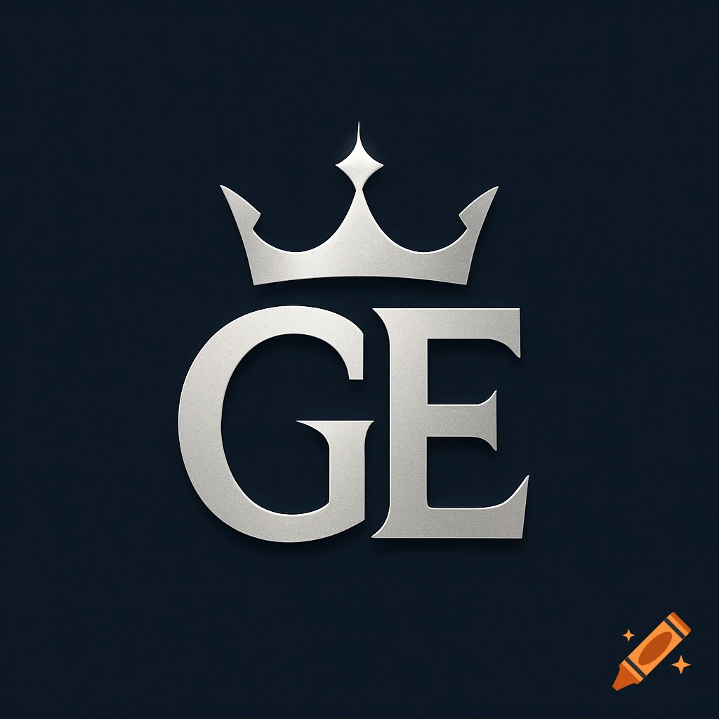 Silver GE monogram with a crown on a dark blue background.