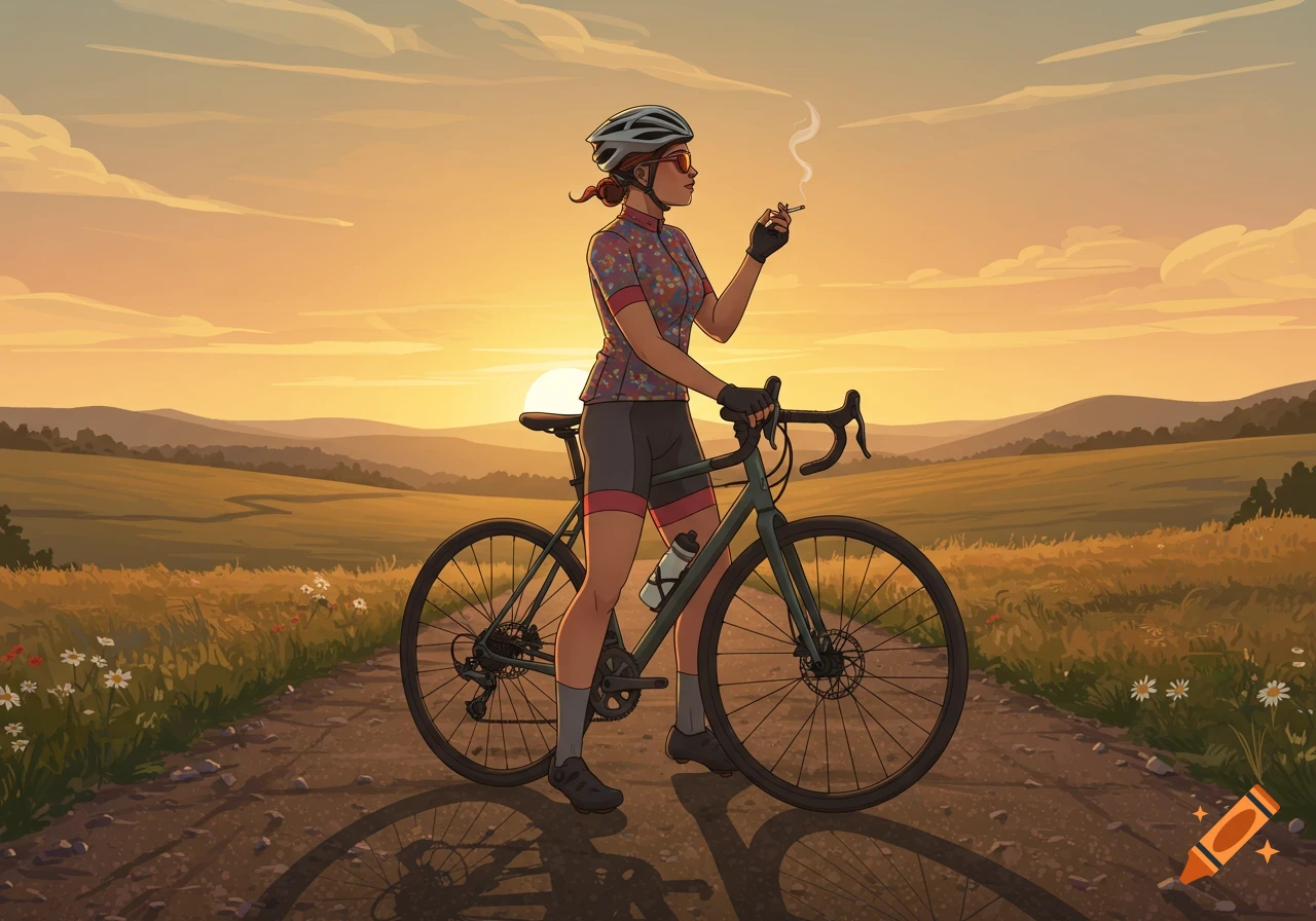 An illustration of a woman in cycling gear standing with her gravel bike on a dirt path, smoking a cigarette at sunset in a field.