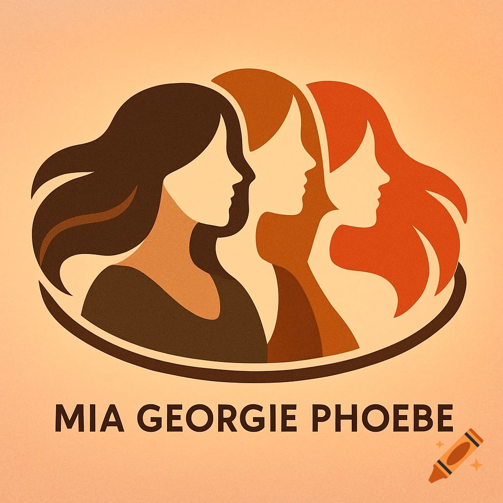 A minimalist logo illustration featuring the silhouettes of three women with different hair colors (dark brown, reddish brown, red) inside an oval shape, with "MIA GEORGIE PHOEBE" text below.