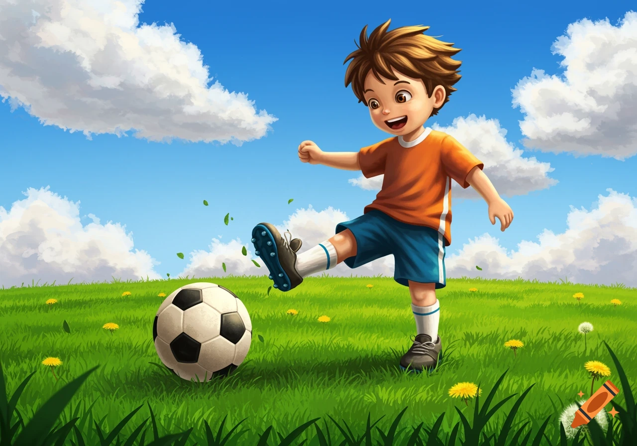 A smiling young boy in an orange shirt and blue shorts kicks a soccer ball on a grassy field under a blue sky with white clouds in a playful illustration.