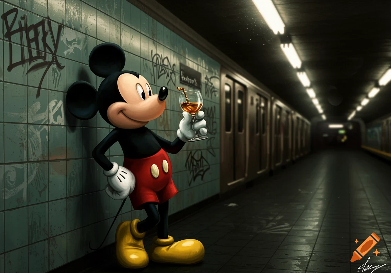 Mickey Mouse leans against a graffiti-covered wall in a dimly lit subway tunnel, holding a glass of amber liquid.