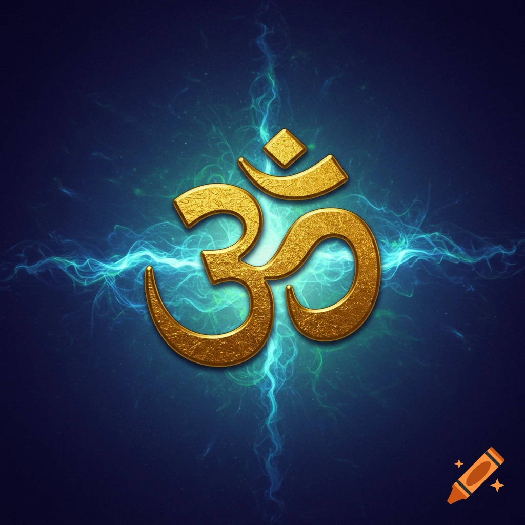 Golden Om symbol against a vibrant blue and teal electric background.