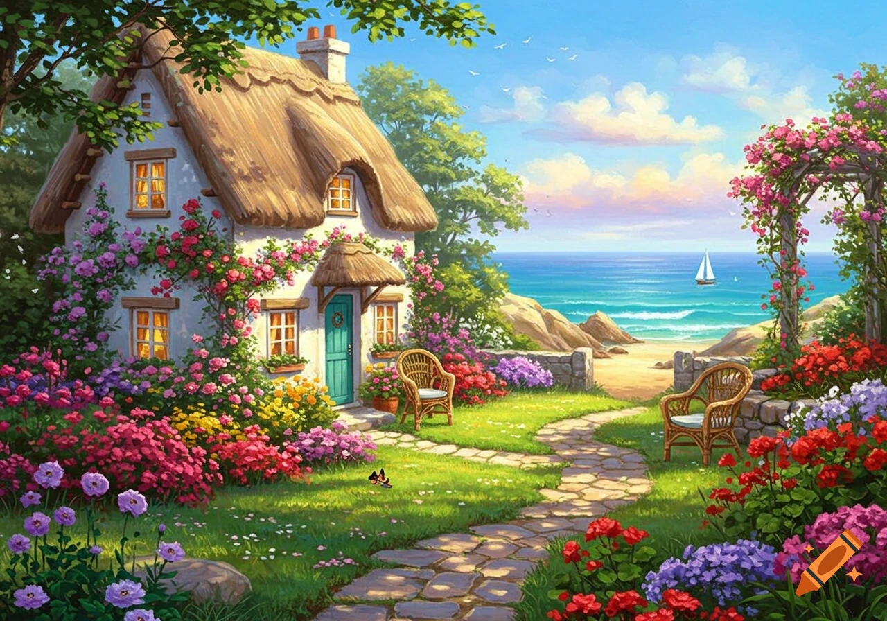 Vibrant painting of a thatched cottage by the sea, surrounded by colorful flowers, a stone path, and a sailboat on the ocean.
