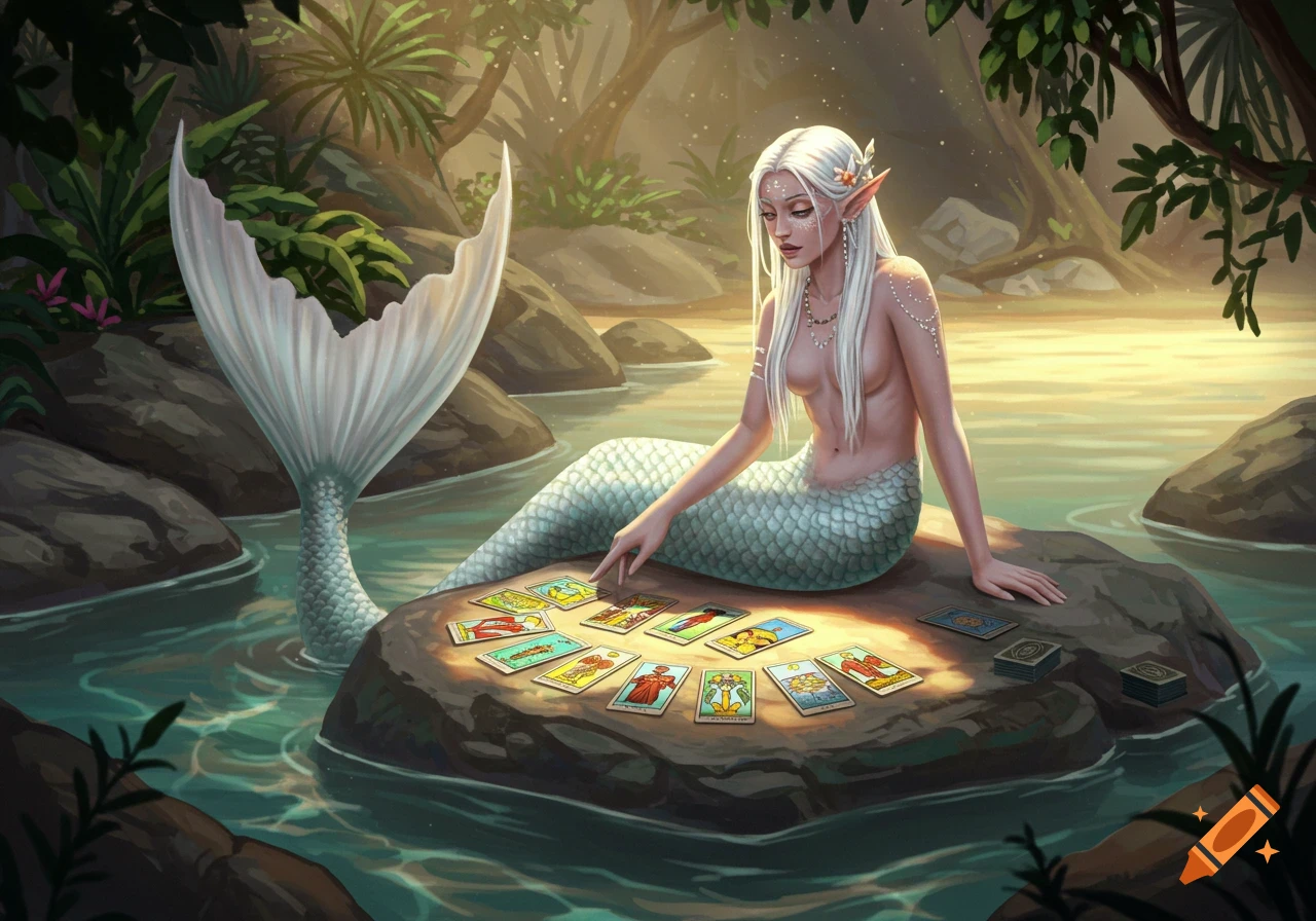 A white-haired mermaid with a hime haircut sits on a rock in a forest stream, studying a spread of tarot cards.
