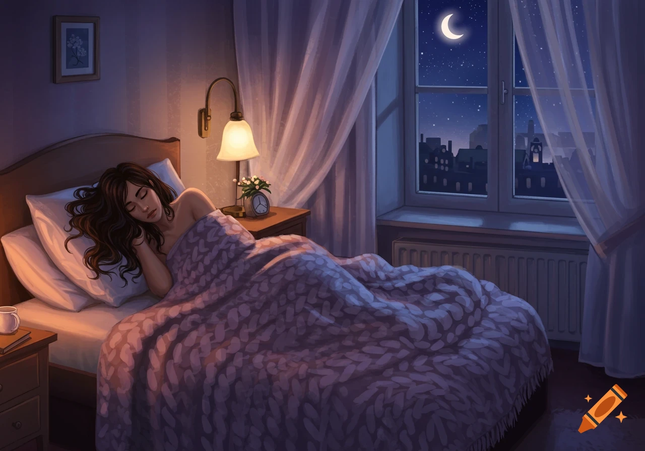 An illustrated image of a brunette woman sleeping peacefully in a cozy bed at night, with a bedside lamp and moonlight from a window.