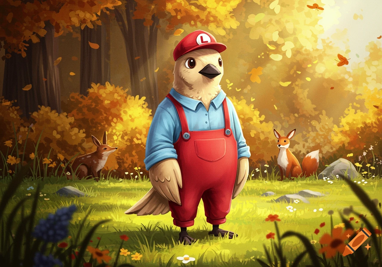An anthropomorphic bird dressed like Mario, wearing a red cap with an 'L', blue shirt, and red overalls, standing in an autumn forest.