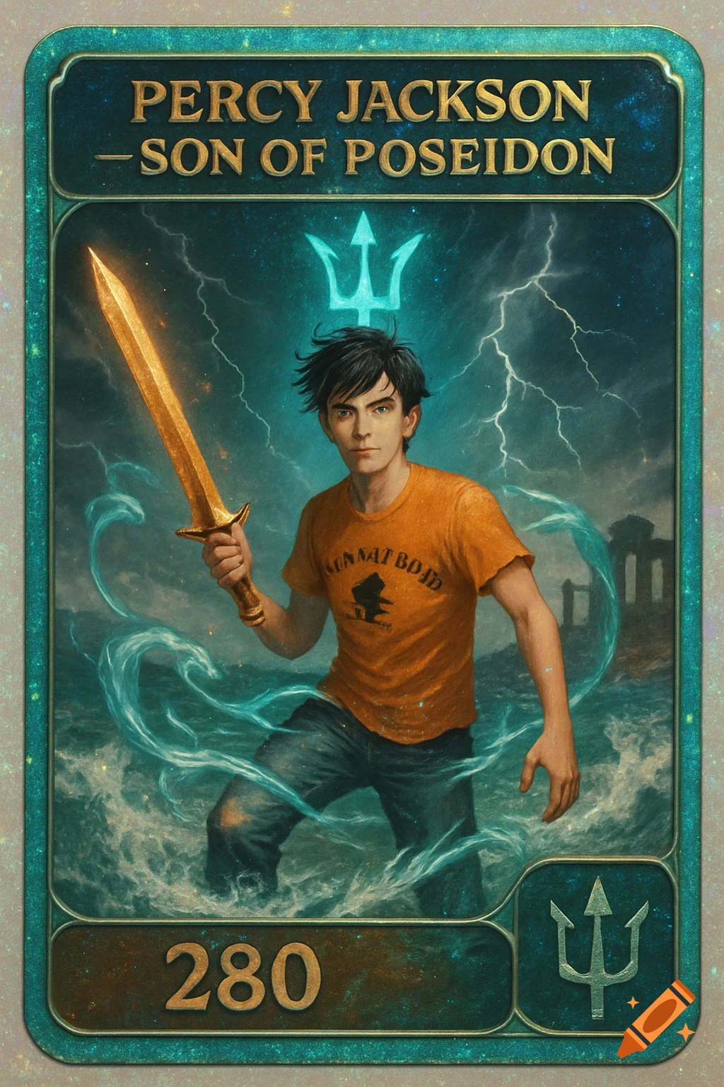 A shiny trading card of Percy Jackson, holding a golden sword, standing in swirling water with a stormy sky and ruins behind him.