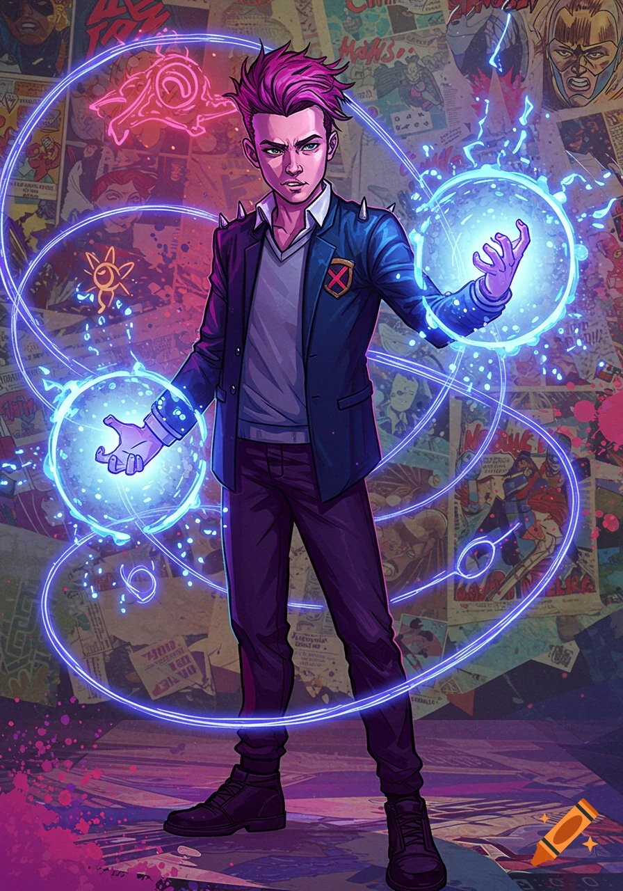 A vibrant comic book style illustration of Quentin Quire with pink hair, wearing a jacket with an X-Men symbol, surrounded by glowing blue energy and electric arcs, against a collage background of comic book pages.