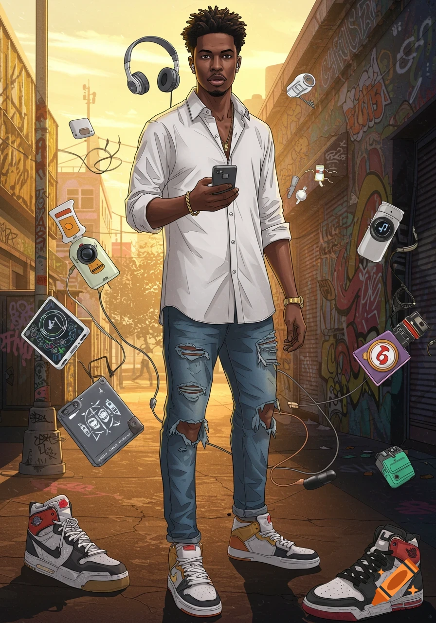 An illustrative image of a Black man in a white shirt and ripped jeans, standing in an urban alley with graffiti, surrounded by floating tech gadgets and sneakers.