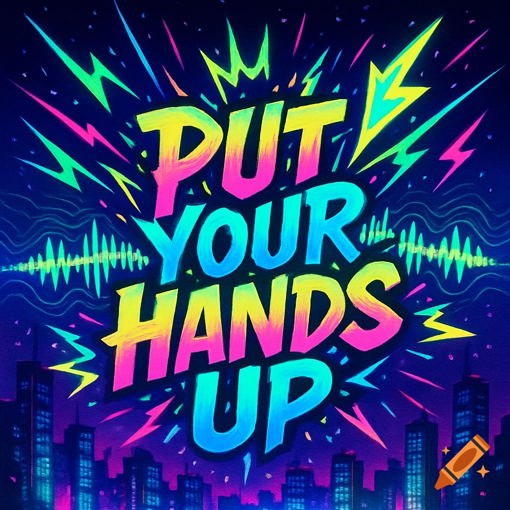 Bright neon rave style logo saying 'PUT YOUR HANDS UP' over a dark cityscape with glowing lightning bolts and sound waves.