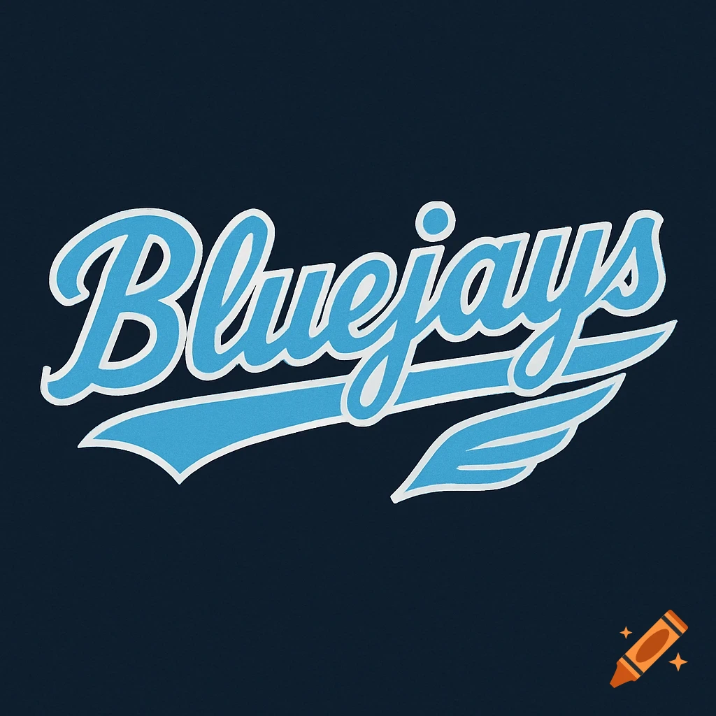 A blue script logo for 'Bluejays' with a white outline and a wing design on a dark background.