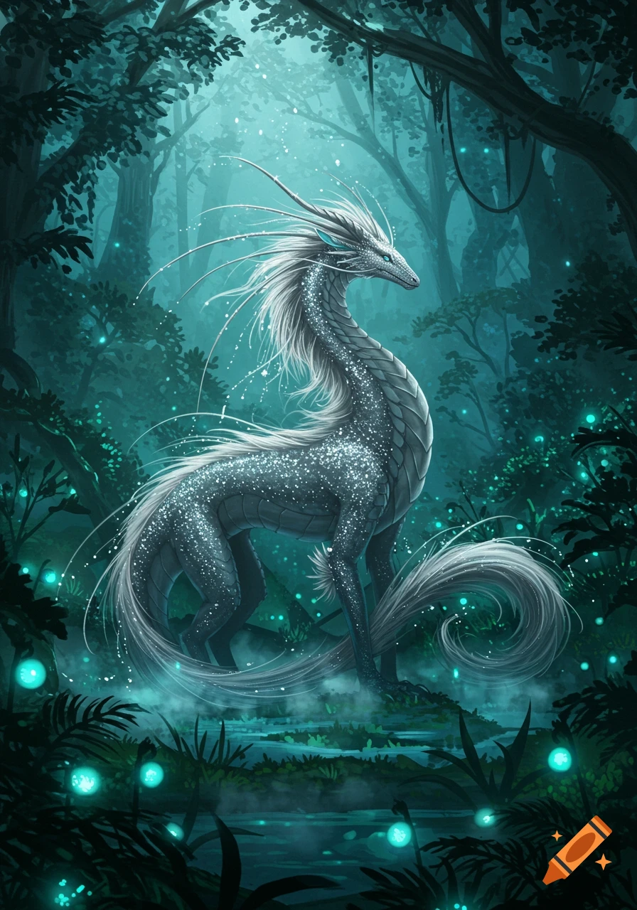 A white, glittery dragon-horse creature stands in a mystical, glowing teal forest.