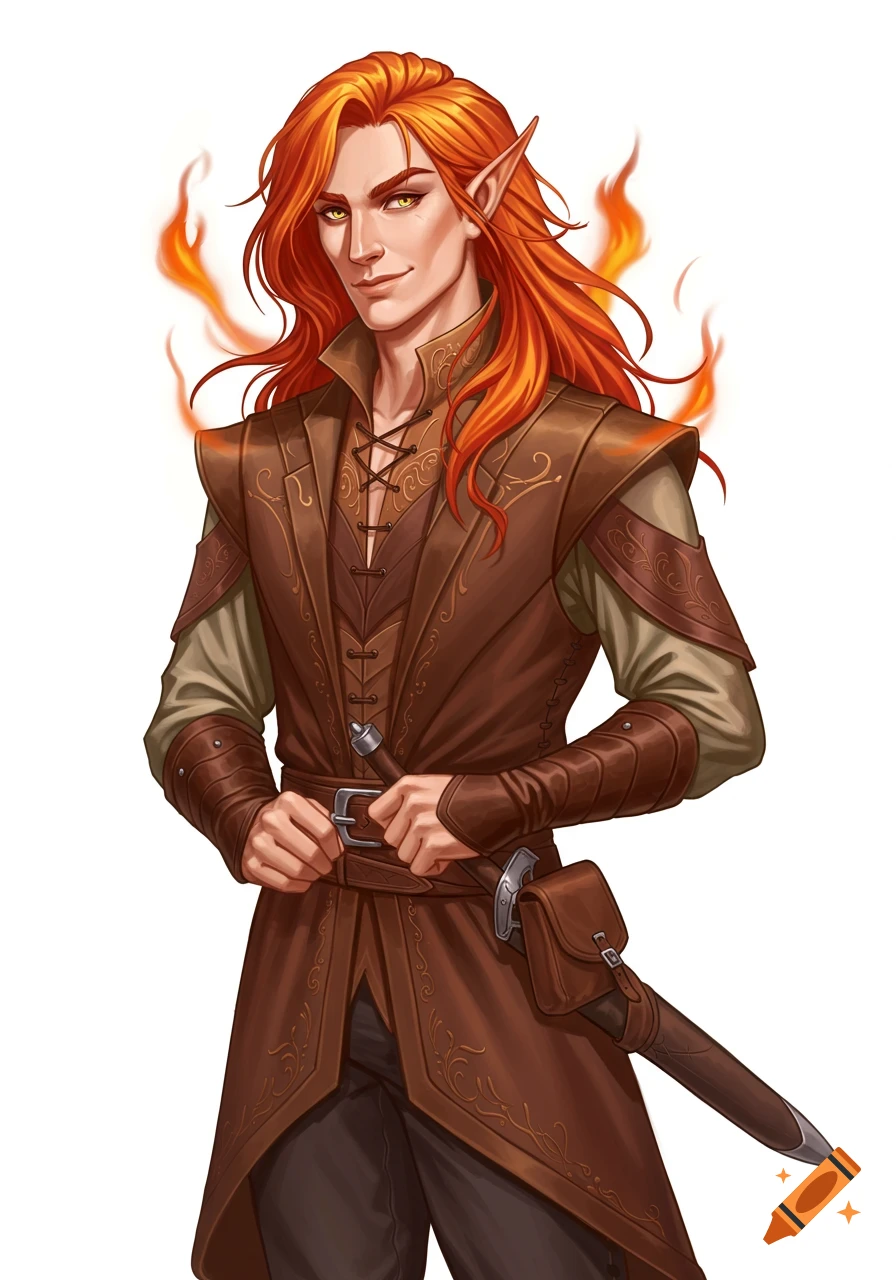 A half-elf man with fiery red hair and pointed ears, wearing brown fantasy attire, looks cocky against a white background.