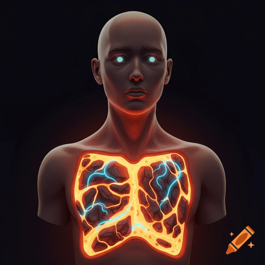A stylized illustration of a bald human torso with glowing blue and orange internal structures.